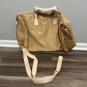 LouLou Travel Weekender Bag Tan Nylon Gold Accents Top Handles Shoulder Strap